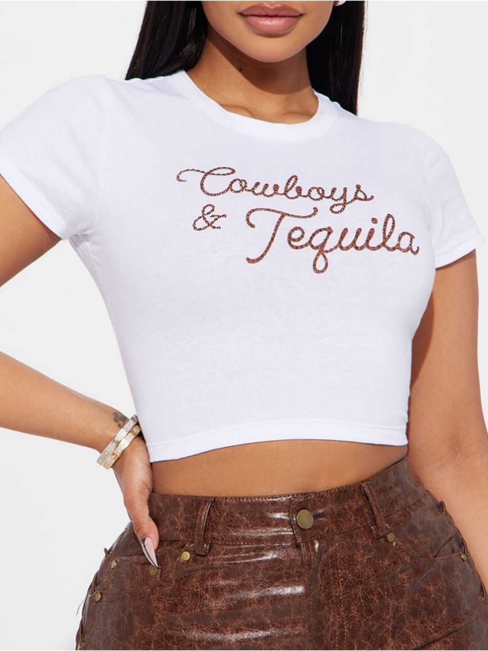 SHEIN White Cropped Tee with Brown Script